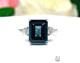 London Blue Topaz Emerald Cut with Moissanite Accents Twist Milgrain Band Ring