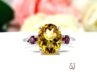 Genuine Oval 10x8mm Golden Citrine Wine Color Garnet Accents Ring Size 6.5 CLEARANCE