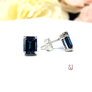 Lab Blue Sapphire Emerald Cut Stud Earrings