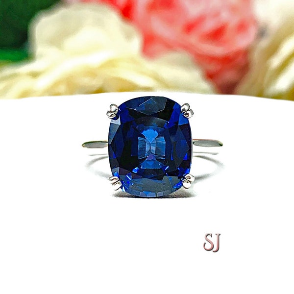 Lab Blue Sapphire Elongated Cushion Ring