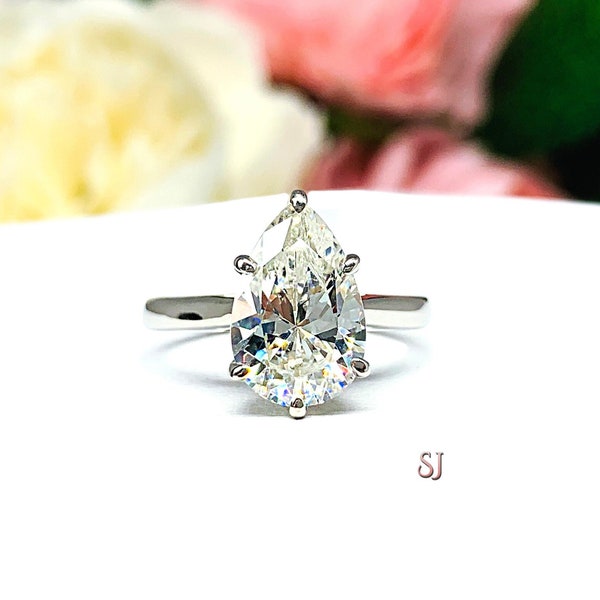 Pear Near Colorless Cubic Zirconia Engagement Six Prong Ring