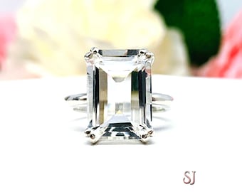 Natural White Topaz 14x10mm Emerald Cut Ring