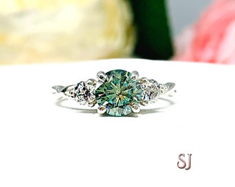 Round Seafoam Green Moissanite Three Stone Sterling Silver Milgrain Twist Ring