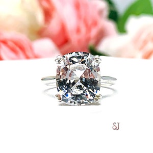 Lab White Sapphire Cushion Engagement Ring – 12x10mm, Elongated, Sterling Silver