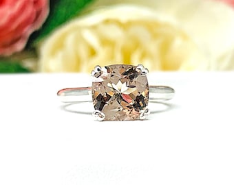 Cushion-Cut Peach Morganite Ring • 8mm, Sterling Silver, Size 5.25
