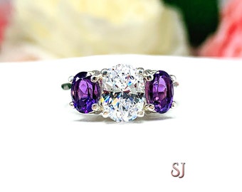 Oval Cubic Zirconia Natural African Amethyst Three Stone Ring