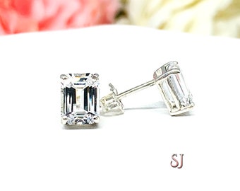 Lab White Sapphire Emerald Cut Stud Earrings