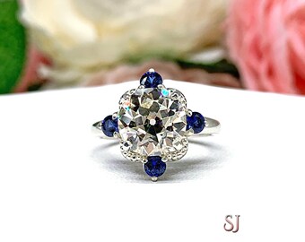 Old European Cut or Round Cubic Zirconia Lab Blue Sapphire Art Deco Antique Inspired Engagement Ring