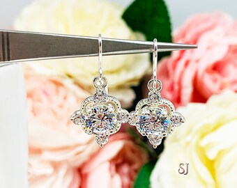 Round Cubic Zirconia Antique Inspired Art Deco Dangle Earrings