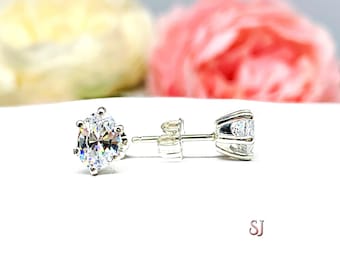 Oval Cubic Zirconia Sterling Silver Six Prong Stud Earrings