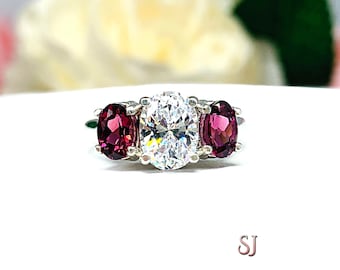 Oval CZ with Natural Rhodolite Garnet Oval Three Stone Ring