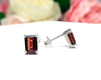 Natural Mozambique Garnet Emerald Cut Stud Earrings