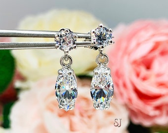 Round Marquise Cubic Zirconia Six Prong Drop Earrings