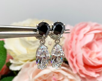 Round Marquise Black and White Cubic Zirconia Six Prong Drop Earrings