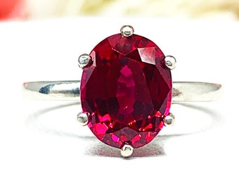 Oval-Cut Lab Ruby Solitaire Ring • 8x6mm—10x8mm, Sterling Silver