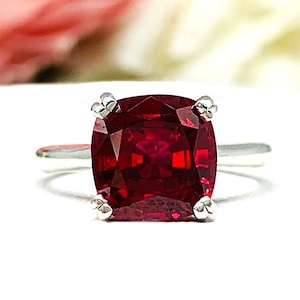 Cushion-Cut Lab Ruby Solitaire Ring • 8mm—10mm, Sterling Silver