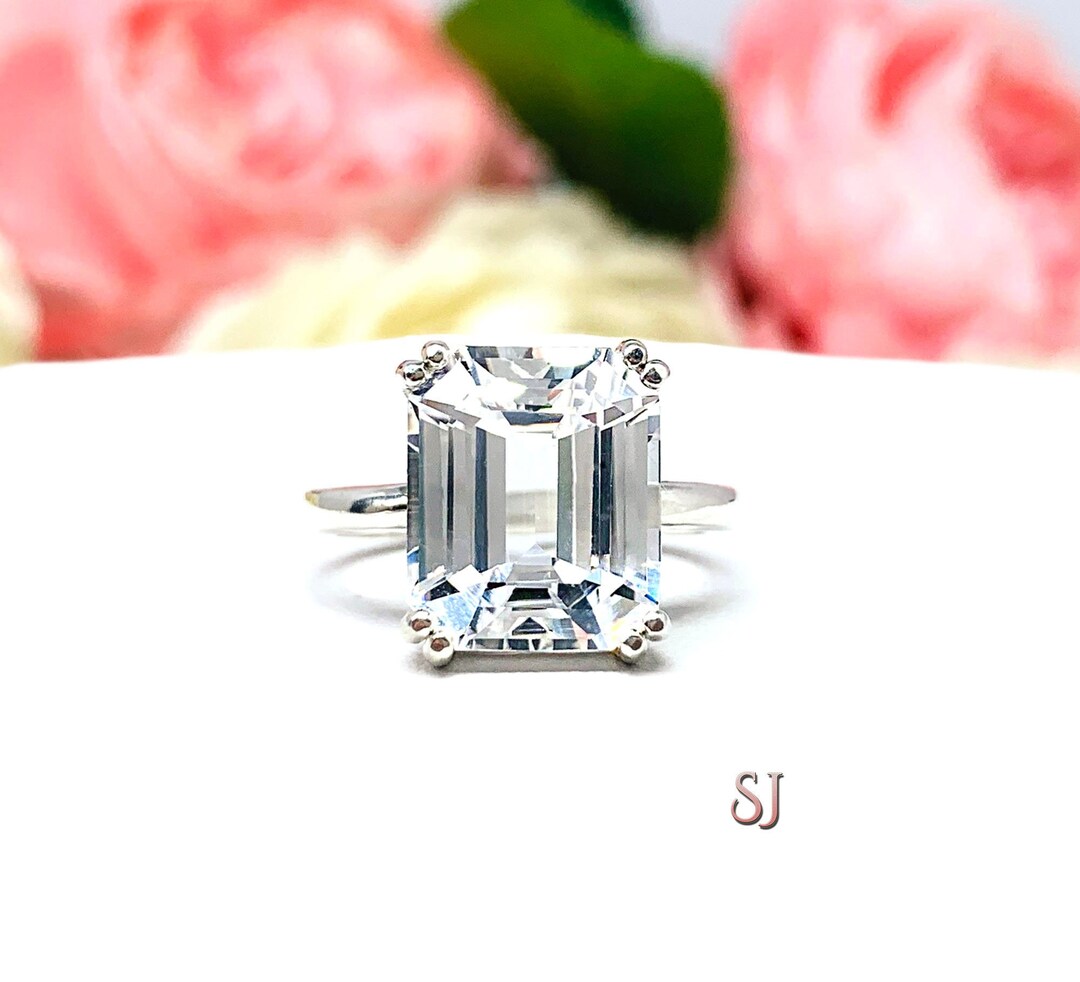 Lab White Sapphire Emerald Cut Double Prong Ring Etsy