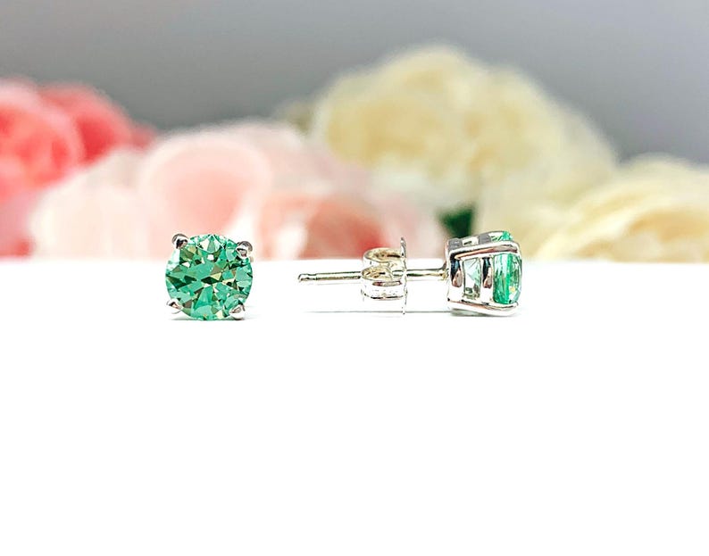 Round-cut Sea Foam Green Lab Spinel Stud Earrings • 6mm—8mm, Sterling ...