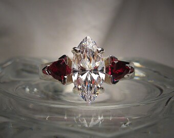 Precision Faceted 12x6mm (2 cts) Marquise Cubic Zirconia and 4mm Lab Created Ruby Trillions Sterling Silver Three Stone Ring SIZE 7