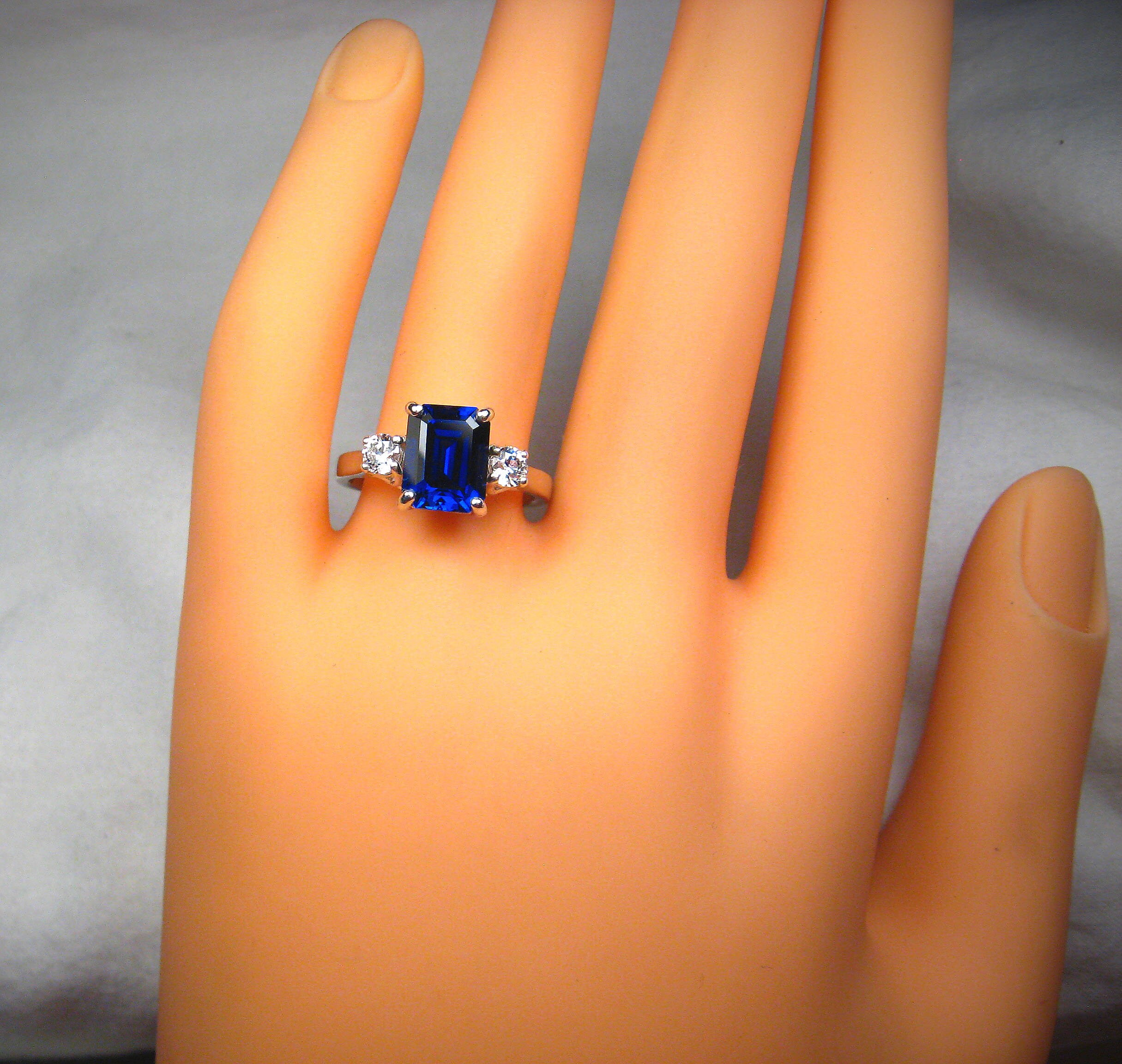 Lab Blue Sapphire Emerald Cut Ring 9x7mm 3 carats with 3.5mm Etsy