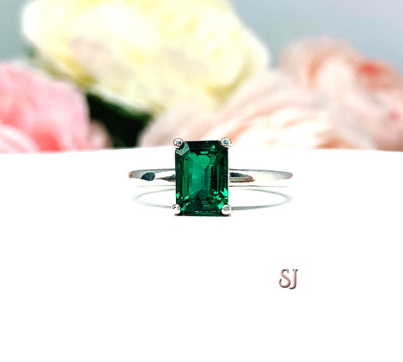 Emerald-Cut Lab Emerald Ring • 7x5mm—9x7mm, Sterling Silver