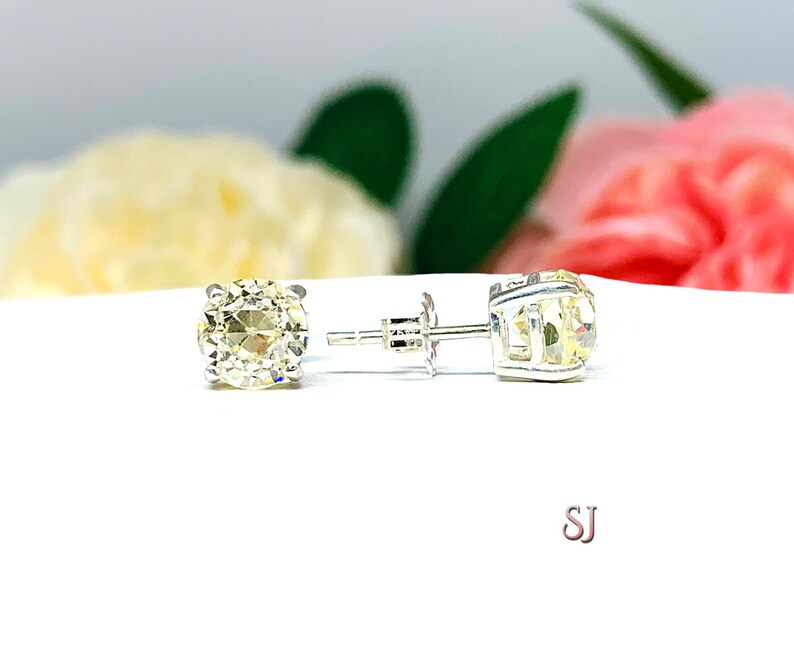 Light Yellow Old European Cut Cubic Zirconia Basket Stud Earrings 7mm sterling