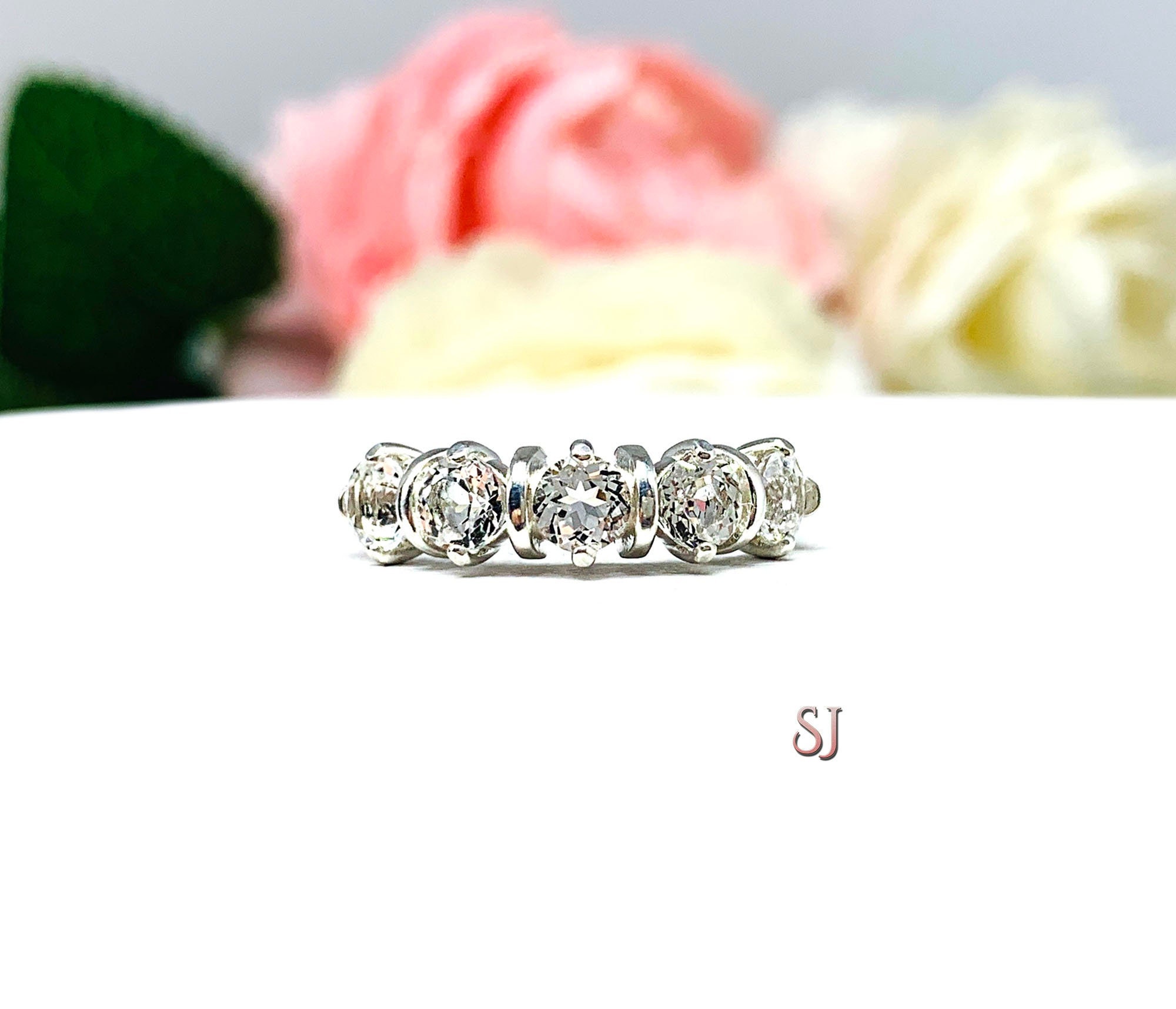 Round-Cut Natural White Topaz 5-Stone Ring * 4mm, Sterling Silver, Size 6