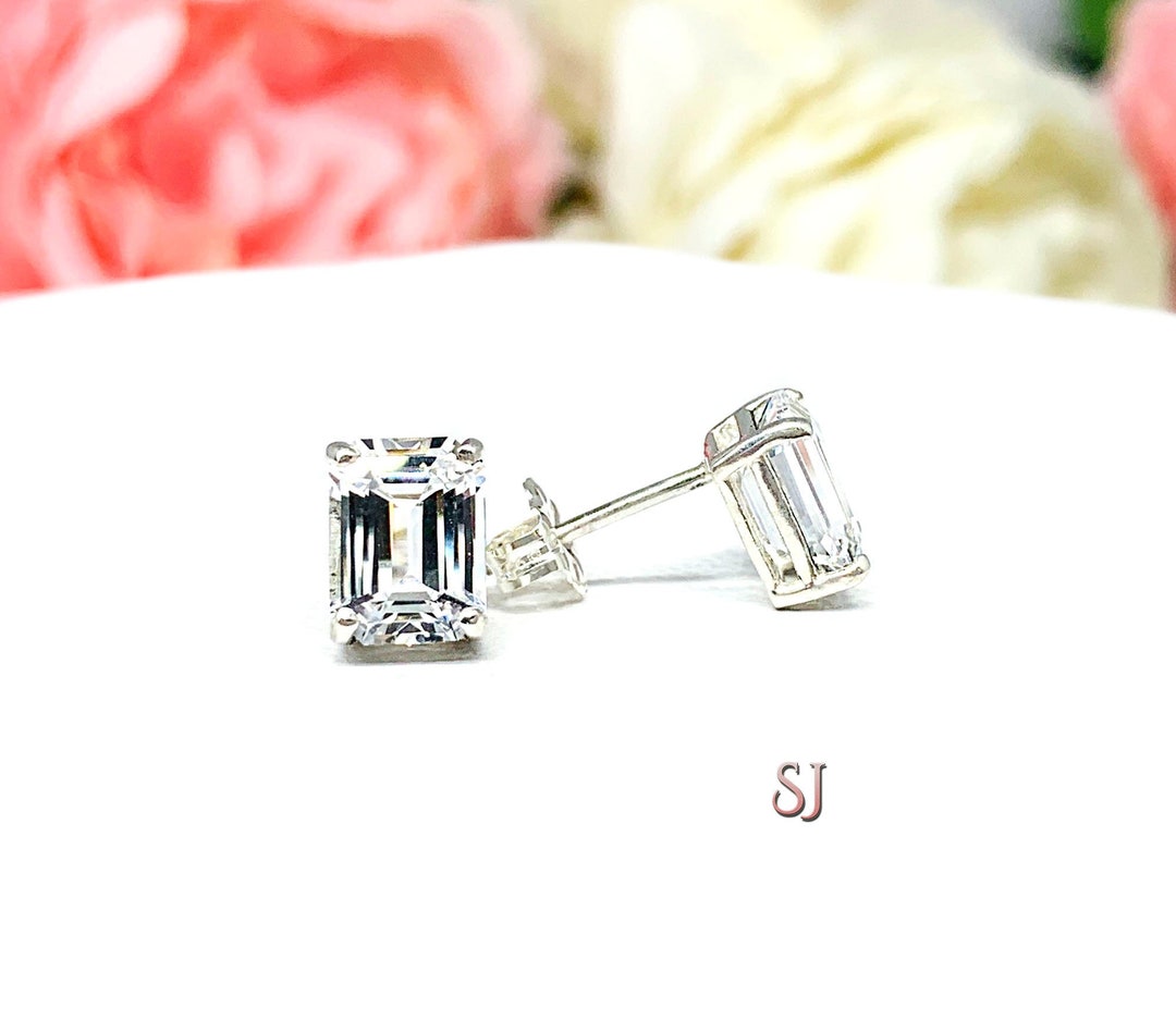 Lab White Sapphire Emerald Cut Stud Earrings Etsy