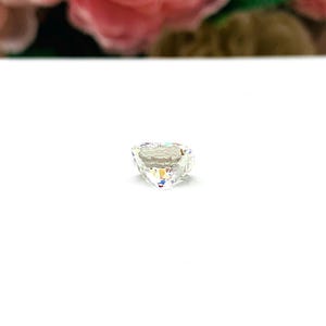 May include: A clear, heart-shaped gemstone with a faceted surface. The gemstone reflects light, displaying a rainbow of colors. The gem is set against a white background, with blurred pink and green floral elements in the background.