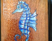 multi media, wood burning and painted multicolor sea horse upcycled cigar box