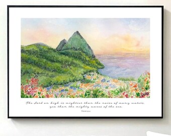 Psalm 93:4 Mightier Than Ocean Art Print, Scripture with Nature Watercolor Giclee, Landscape Beach with 93rd Psalm, Colorful Sky Bible Verse