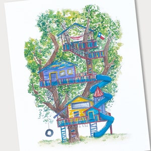 Treehouse Print | Watercolor Kids Fort | Kids Clubhouse | Whimsical Tree House | Optional Texas Flag