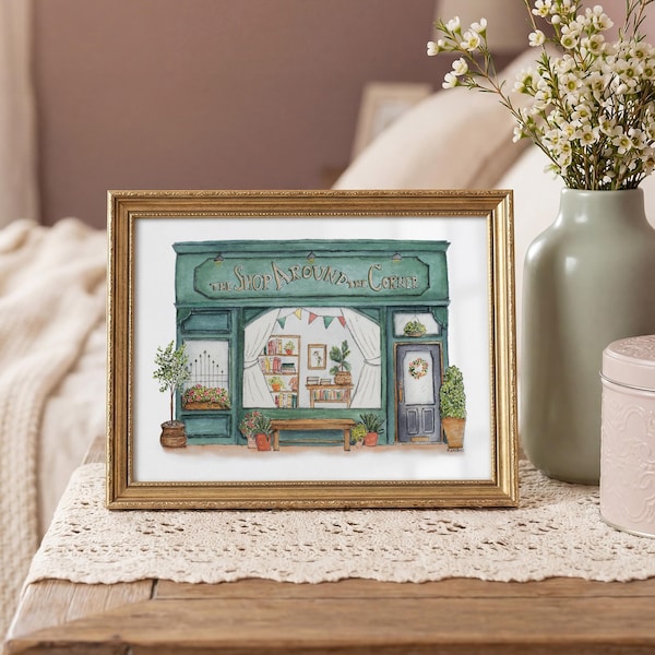 Shop Around the Corner Print, You've Got Mail Watercolor Art, Shopgirl Kathleen Kelly New York City Bookstore Art