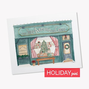 Christmas Shop Around the Corner Wall Art Giclee Print | You&#39;ve Got Mail Inspired Watercolor Print Decor | Shopgirl | Meg Ryan | Bookshop