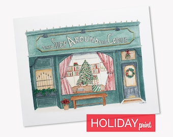 Christmas Shop Around the Corner Wall Art You've Got Mail Inspired Watercolor Print Shopgirl Meg Ryan Kathleen Kelly New York Bookshop Art