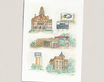 Decatur Texas Historical Watercolor Wall Art Print, Wise County Courthouse, Petrified Fuel Station, Waggoner Mansion, Friday Night Football