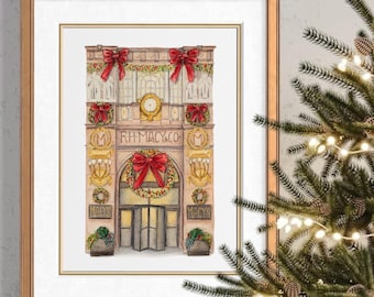 Macy’s New York Christmas Watercolor Storefront Giclee Print, Thanksgiving Day Parade, NYC Macy's Illustration, Classic Red Holiday Print