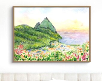 St. Lucia Piton Art Watercolor of St Lucia Art Print US Virgin Islands Wedding Gift Watercolor Ocean Landscape St Lucia Honeymoon Souvenir