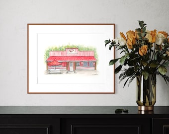 Retro Ice Cream Shop Watercolor – Vintage Dairy Bar Art – Cute Diner Wall Decor – Nostalgic Storefront Print