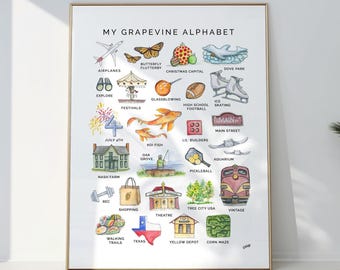 Grapevine, Tx Alphabet ABCs, Kids Watercolor Wall Art, Christmas Capital of Texas, DFW, Tarrant County