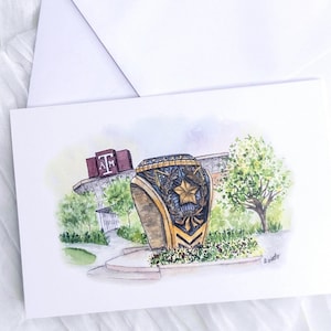Aggie Ring Hayne's Plazaのグリーティングカード（Kyle Field氏による）、水彩画TAMUステーショナリー、リングデー、卒業記念品、テキサスAMデコレーションウォールアート