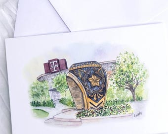 Tarjetas de felicitación de Aggie Ring Hayne’s Plaza con Kyle Field, papelería de acuarela de TAMU, Día del Anillo, regalo de graduación, arte de pared decorativo de Texas AM
