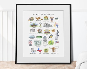 Keller, Tx Alphabet ABCs, Kids Watercolor Wall Art, Small Town Texas, Hometown DFW, Personalized