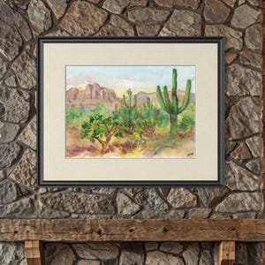 Saguaro Cactus Watercolor Fine Art Print, Superstition Mountain Desert Travel Poster, Phoenix, Arizona, Wilderness Wall Art, Botanical Art