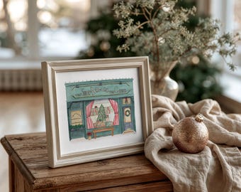 Christmas Shop Around the Corner Wall Art You've Got Mail Inspired Watercolor Print Shopgirl Meg Ryan Kathleen Kelly New York Bookshop Art