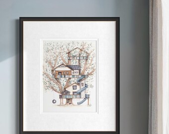 Watercolor Treehouse Art Print Nursery Wall Poster Nature Forest Kids Room Peter Pan Theme Illustration Tiny Treehouse Playroom Picture