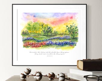 Matthew 6:28 Lilies of the Field Scripture Watercolor Giclee, Field of Flowers Landscape, Colorful Do Not Worry Bible Verse
