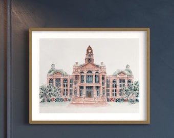 Fort Worth Watercolor Courthouse, Ft. Worth Wall Art Print, Downtown Skyline Landmark, Historical Tarrant County, Poster, Wedding, Texas Art