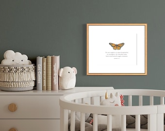 Ebrei 13:2 Arte murale dell'ospitalità Angeli ignari della Scrittura, Dipinto ad acquerello di farfalla monarca, Poster, Arte biblica minimalista su bianco
