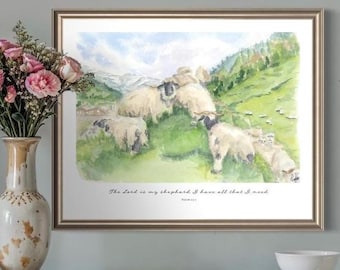 Psalm 23:1 The Lord is My Shepherd Scripture with Sheep Watercolor Giclee, Landscape Mountains with 23rd Psalm, Colorful Green Bible Verse